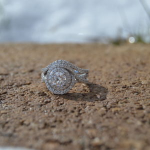 Bridal Set - Custom designed round diamond engagement ring with twist halo and matching nesting band in white gold