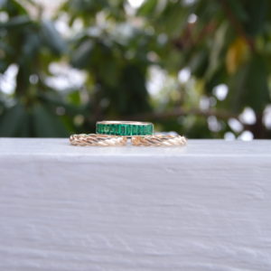 Custom Designed Set of Three Bands in Yellow Gold - Emerald Cut Emerald Channel Band and Two Twist Bands