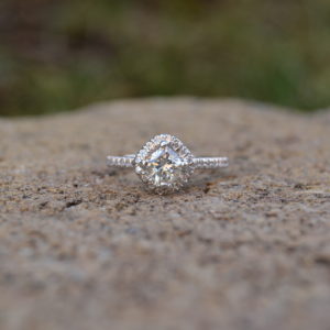 Cushion Shaped Diamond Halo Engagement Ring with Diamonds in Shank in White Gold