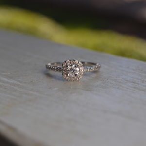 Custom Designed Engagement Ring with Round Diamond and Cushion Shaped Halo with Diamond Shank