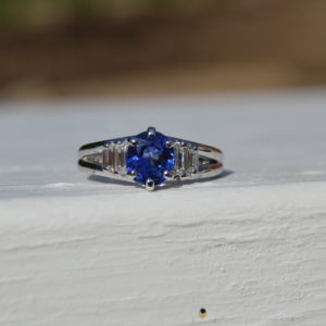 Custom Designed Ring with Round Sapphire and Baguette Diamonds