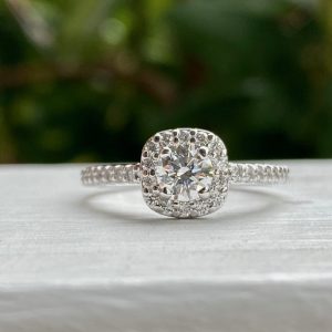 Custom Designed Round Diamond Center with Cushion Halo Engagement Ring with Shared Prong Diamond Shank