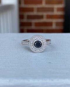 Custom Designed Black and White Diamond Halo Engagement Ring with Milgrain Beads