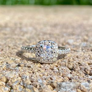 Custom Designed Cushion Diamond Halo Engagement Ring with Diamond Shared Prong Shank