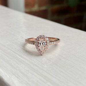 Custom Designed Rose Gold Pear Diamond Halo Engagement Ring with Diamond Shank
