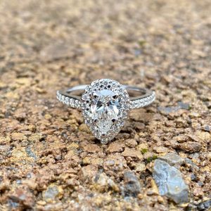 Custom Designed Pear Diamond Halo Engagement Ring with Diamond Shank