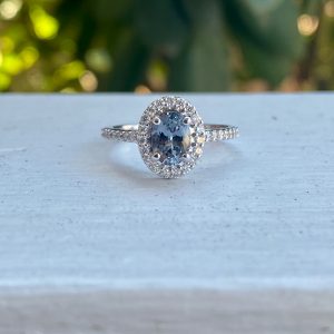 Custom Designed Oval Gray Spinel and Diamond Halo Ring with Diamond Shank