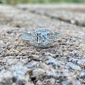 Custom Designed Cushion Diamond Halo Engagement Ring with Diamond and Milgrain Shank