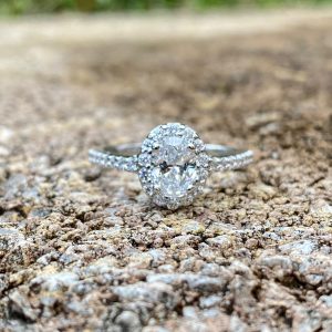 Custom Designed Oval Diamond Halo Engagement Ring with Diamond Shank