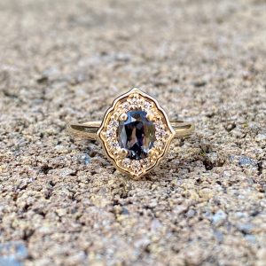 Custom Designed Oval Gray Spinel with Diamond Halo Ring in Yellow Gold